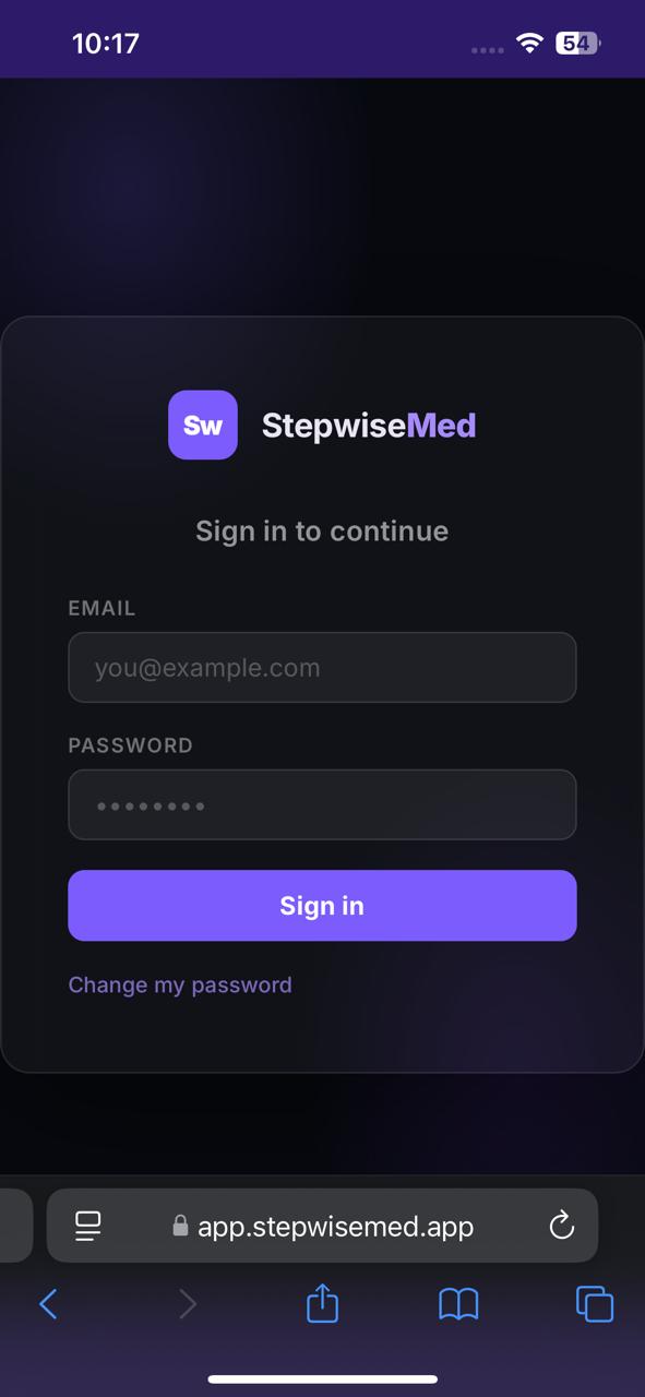 StepwiseMed app open in Safari — tap the Share button at the bottom